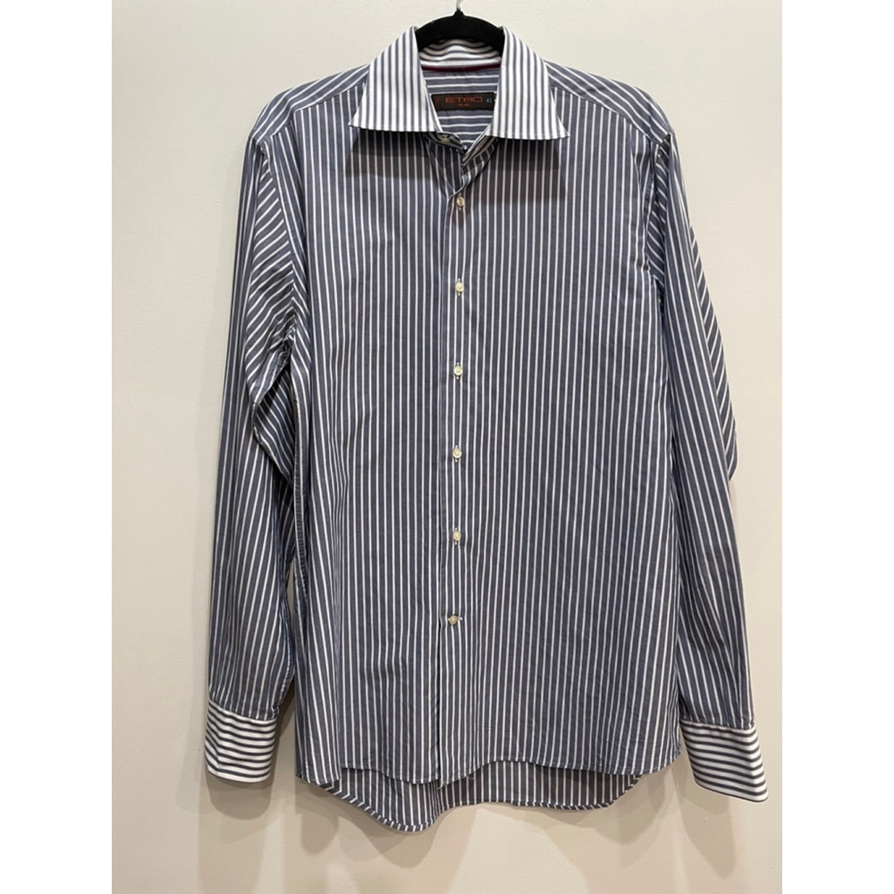 Etro Mens Button Up Dress Shirt Blue White Stripe Size 41 Large Made in Italy